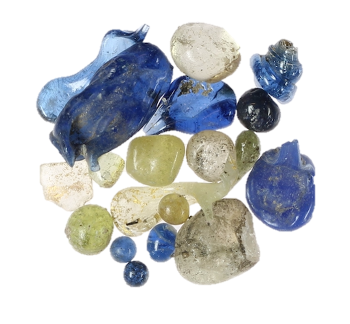 Blue, green and colourless archaeological glass beads and fragments from Ribe, Denmark